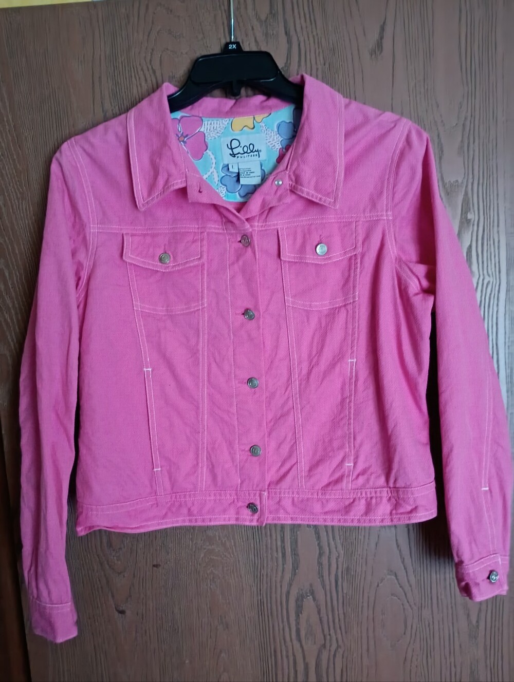 Lily Pulitzer, Denim Feel Jacket, Large, Fushia Pink, 97% Cotton, 4% Spandex